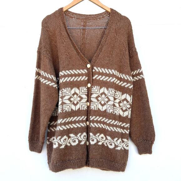 Vintage Hand-Knit Nordic Button Cardigan Oversized Brown Fair Isle XL Grandpa - Picture 2 of 6